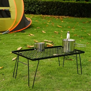 Camping Table Iron Mesh Folding Table with Table Board & Bag Multifunctional Campfire Grill Table for Outdoor Barbecue BBQ Party