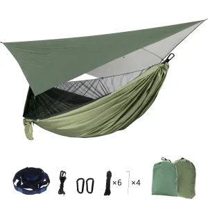 Portable Mosquito Net Nylon Camping Hammock with Waterproof Rain Fly Canopy Tarp for Outdoor Hanging Bed Sleeping
